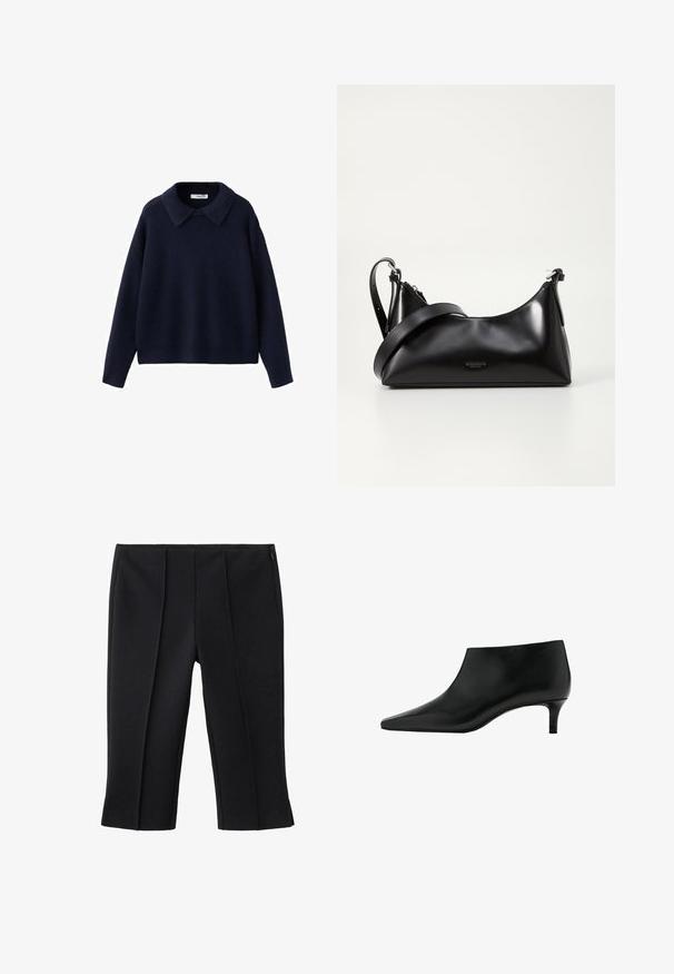 Pull en tricot bleu marine à manches longues avec un large col pointu et une coupe décontractée sur fond blanc.; Pantalon noir court avec deux plis avant, texture lisse et fermeture éclair latérale. Design sur mesure, sans motifs visibles.; Bottine en cuir noir avec bout pointu et petit talon kitten, conçue pour un port élégant et formel.; Sac à main en cuir noir avec une texture lisse. Dispose d'une bandoulière adjustable et d'un design élégant et minimaliste avec une fermeture éclair.