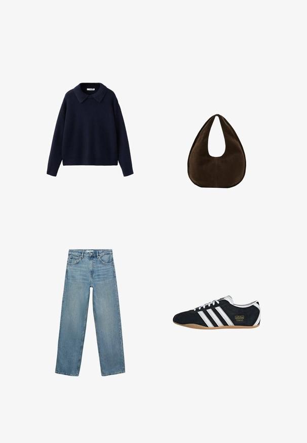 Marineblå strikket langærmet sweater med en bred, spids krave og en afslappet pasform på en hvid baggrund.; Lyseblå denim jeans med lige ben, høj talje, fem lommer og kontraststing. Ingen dekorationer eller mønstre er til stede.; Sort ruskinds sneaker med hvide tre striber, guldlogo og en brun gummisål. Har et lavprofil snørebåndsdesign.; Mørkebrun ruskind skuldertaske formet som en halvmåne med en bred rem og glat tekstur på en hvid baggrund.