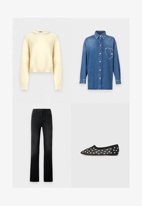 Flødefarvet, blød sweater med lange ærmer og en rund halsudskæring dekoreret med en række klare, runde perler.; Blå denim skjorte med lange ærmer, knapper foran, spidst krave og en frynset hjerteformet lap på venstre bryst.; Sorte denim straight-leg jeans med subtil falmning, fem lommer og knaplukning. Glat tekstur med minimale syningsdetaljer.; Sort flad sko med spids tå, lavet af mesh med store sølv polka prikker, og en lille sløjfedetalje fortil. Textureret stof.