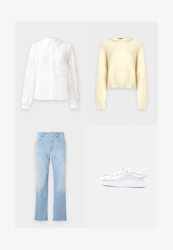 Flødefarvet, blød sweater med lange ærmer og en rund halsudskæring dekoreret med en række klare, runde perler.; Hvid bluse lavet af lace-lignende stof med en klassisk krave, lange ærmer med scalloped manchetter og en knaplukning foran med dekorative detaljer.; Lyseblå denim jeans med høj talje, foran lappelommer, knappelukning og lynlås samt rå kant ved anklerne.; Sølvfarvet lavprofil-sneaker med hvide snørebånd, diskret Love Moschino-logo på siden og hvid gummisål på ensfarvet baggrund.