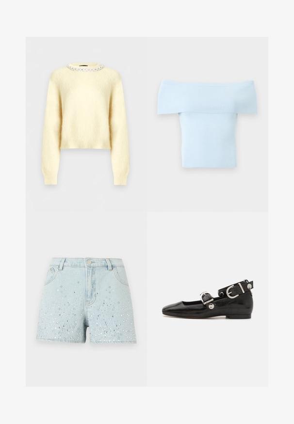 Pull duveteux couleur crème avec manches longues et encolure ronde ornée d'une rangée de perles claires et rondes.; Haut bleu clair en tricot côtelé, épaules dénudées, avec un large col replié et un corps ajusté, sur un fond uni.; Shorts en denim bleu clair avec des ornements en strass argentés et blancs dispersés sur le devant, dotés de passants pour ceinture, d'un bouton et de poches.; Ballerine en cuir verni noir avec un bout carré, sangle de cheville avec des détails en métal argenté et semelle plate. Texture lisse avec un design minimaliste.