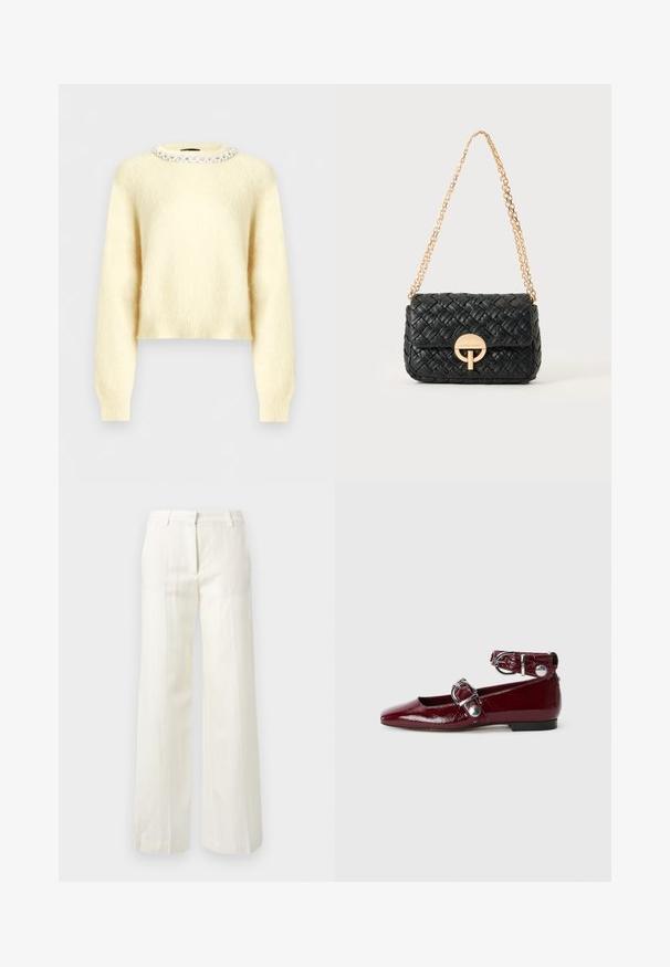 Pull duveteux couleur crème avec manches longues et encolure ronde ornée d'une rangée de perles claires et rondes.; Pantalon blanc sur mesure avec fines rayures verticales, fermeture éclair à l'avant, passants de ceinture et coupe droite.; Ballerines en cuir verni bordeaux avec un bout pointu, une bride de cheville avec une boucle en argent et un petit talon. Texture lisse sur l'ensemble.; Sac à main noir en cuir tressé avec une bandoulière chaîne dorée et un fermoir rond doré à l'avant, posé sur un fond uni et clair.