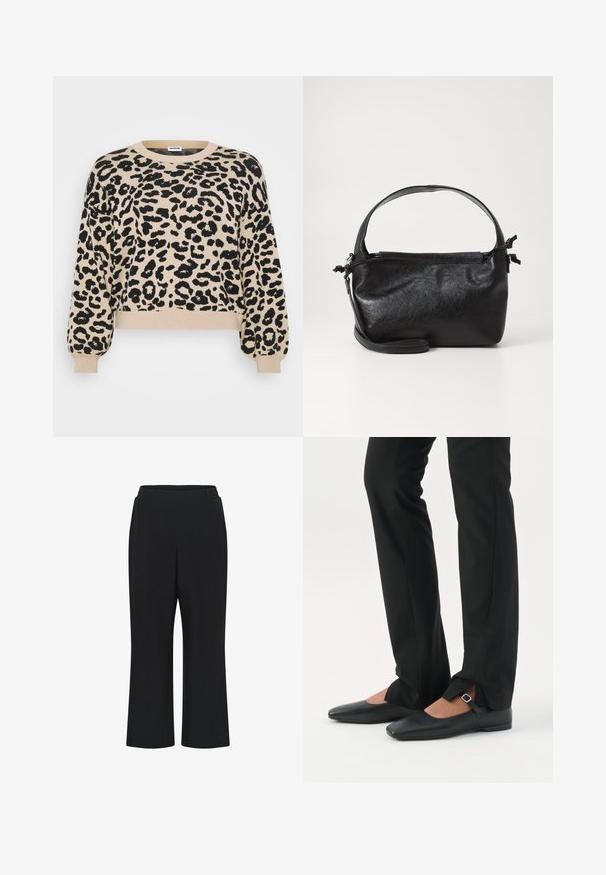 Pull en tricot beige avec un imprimé léopard noir, col rond, épaules tombantes et finitions côtelées aux poignets et à l'ourlet. Coupe décontractée et relaxée.; Pantalons en tissu extensible noir à jambe large, dotés d'une taille élastique pour le confort et sans fermetures ni poches visibles.; Jambes vêtues d’un pantalon slim noir avec des fentes à l’avant de l’ourlet, assorties à des chaussures plates Mary Jane noires avec une petite bride à boucle.; Sac à main en cuir noir au design structuré, avec une poignée arrondie et une bandoulière amovible. Présente une texture lisse et un éclat subtil.