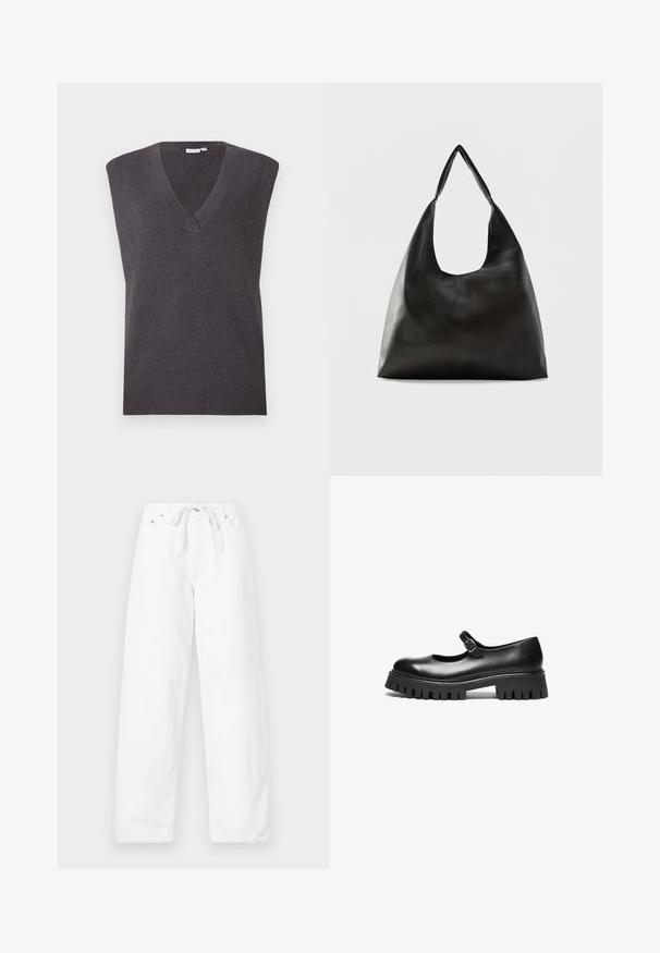 VILA VICHELLE V NECK OVERSIZED - Strickpullover - dark grey melange; Weiße, weit geschnittene Jeanshose aus Denim mit einem Kordelzugbund und zwei frontalen Taschen, die eine glatte Textur und ein sauberes Design aufweist.; Schwarzer Leder-Mary-Jane-Schuh im Stil mit runder Zehe, Knöchelriemen und einer robusten Gummisohle mit geriffelter Detailierung.; Schwarze, glatte Leder-Schultertasche mit einem breiten, einzelnen Riemen und einem lässigen, minimalistischen Design vor einem einfarbigen Hintergrund.