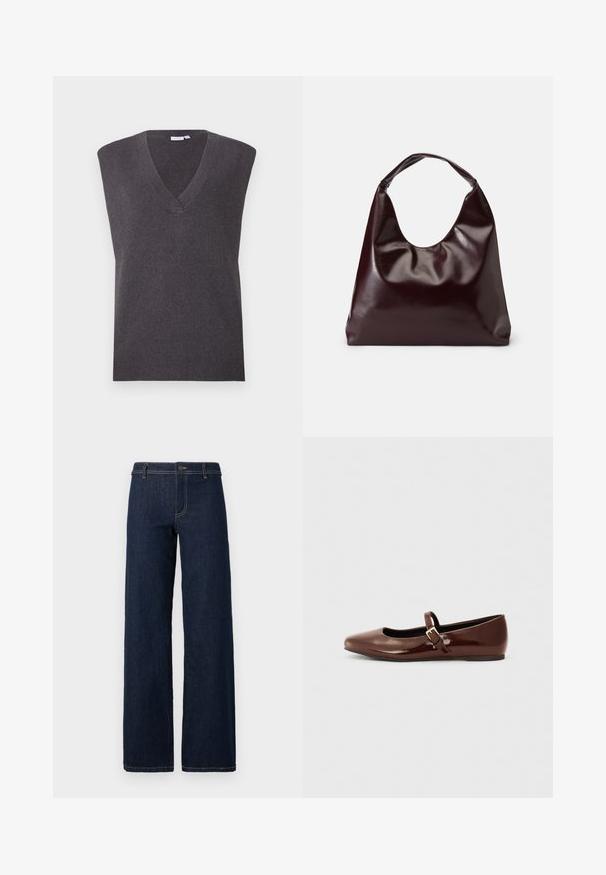 VILA VICHELLE V NECK OVERSIZED - Svetrík - dark grey melange; Široké tmavé džínsy s klasickým dizajnom s piatimi vreckami, vyrobené z denimu, s pozláteným šitím a gombíkovým zapínaním v páse.; Hnedé lakované baletky s hranatou špičkou a pásikom s malou zlatou prackou. Hladká textúra, nízky podpätok a minimalistický dizajn.; Burgundská, lesklá vegan kožená taška s mäkkým, sochárskym tvarom a širokým, zakriveným uchom pre jednoduché nosenie.