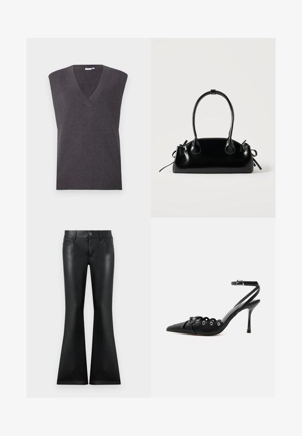 VILA VICHELLE V NECK OVERSIZED - Πουλόβερ - dark grey melange; Μαύρο παντελόνι με ελαφρώς φαρδιά άκρα, κατασκευασμένο από λείο, γυαλιστερό υλικό. Διαθέτει πέντε τσέπες, κούμπωμα με κουμπιά στο μπροστινό μέρος και διακριτική αντίθεση στη ραφή.; Μαύρο γυναικείο παπούτσι με ψηλό τακούνι και μυτερή μύτη, με κυματιστά άκρα, μεταλλικά πόρπες, κορδόνια μπροστά και λουράκι στον αστράγαλο με κούμπωμα.; Μικρή μαύρη γυαλιστερή τσάντα με δύο μακριές λαβές και λεπτομέρειες με ρυθμιζόμενο κορδόνι στο πλάι σε απλό ανοιχτό φόντο.