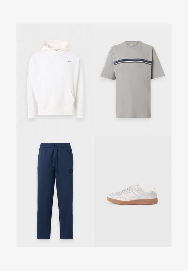 Weißer Hoodie mit Fronttasche und kleinem dunkelblauem "Pepe Jeans"-Logo auf der linken Brust, dargestellt vor einem einfarbigen Hintergrund.; Hellgraues T-Shirt mit kurzen Ärmeln und Rundhalsausschnitt, mit marineblauen, weißen und schwarzen horizontalen Streifen über der Brust.; Navyblaue Jogginghosen aus einem weichen Baumwollmix, mit einem elastischen Bund und Kordelzug sowie einem kleinen Markenpatch an der Hüfte.; Silberne Sneakers mit glatter Textur, Schnürdesign, durchbrochenen Akzenten und einer strukturierten braunen Gummisohle.