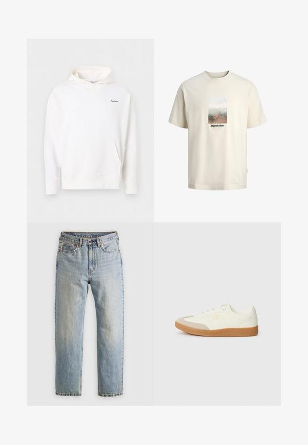 Witte hoodie met voorkantzak en klein donkerblauw "Pepe Jeans" logo op de linkerborst, getoond tegen een effen achtergrond.; Crèmekleurig T-shirt met een afbeelding van een houten steiger met uitzicht op rustig water en de tekst "Originals Studio" onder de afbeelding.; Lichtblauwe denim jeans met hoge taille, frontknop, rits en vijfzakkenontwerp, plat gelegd op een neutrale achtergrond.; Schoen gemaakt van wit leer met een beige teenkap en een lichtbruine rubberen zool. Voorzien van platte witte veters en reliëfbranding aan de zijkant.
