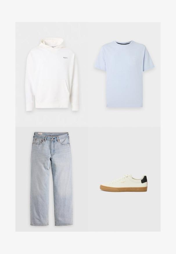 Biela mikina s kapucňou, s predným vreckom a malým tmavomodrým logom „Pepe Jeans“ na ľavej strane hrudníka, zobrazená na jednofarebnom pozadí.; Svetlomodré tričko s krátkym rukávom a okrúhlym výstrihom s malým bielym logom na ľavej strane hrude na bielom pozadí.; Svetlomodré rovné nohavice s vysokým pásom, zapínaním na gombík a prednými i zadnými vreckami, vystavené na rovnej ploche.; Biele plátenné tenisky s gumovou podrážkou, čiernym akcentom na päte, okrúhlou špičkou a šnurovacími detailmi. Na boku sa nachádza zlaté logo značky.