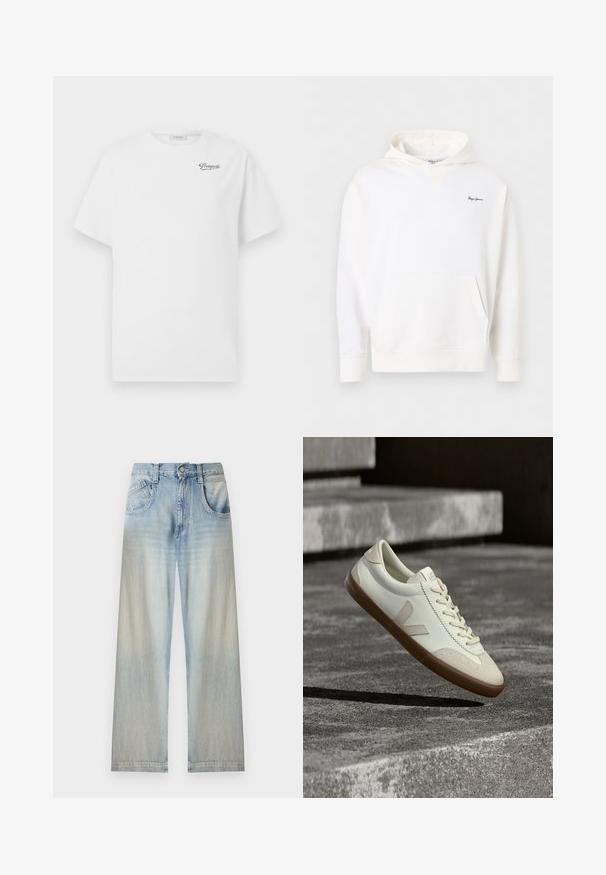Hvid hættetrøje med frontlomme og lille mørkeblåt "Pepe Jeans"-logo på venstre bryst, vist mod en ensfarvet baggrund.; Hvid bomulds t-shirt med korte ærmer, rund hals, med et sort "Pompeii" logo på venstre bryst. Blød, glat tekstur.; Lyseblå vidde denimjeans med lommer foran, knaplukning og falmede områder ved lårene og underbenene.; Hvide læder sneakers med tanfarvet gummisål, flade snørebånd og V-formet detalje på siden. Har en glat overflade og minimale syninger.
