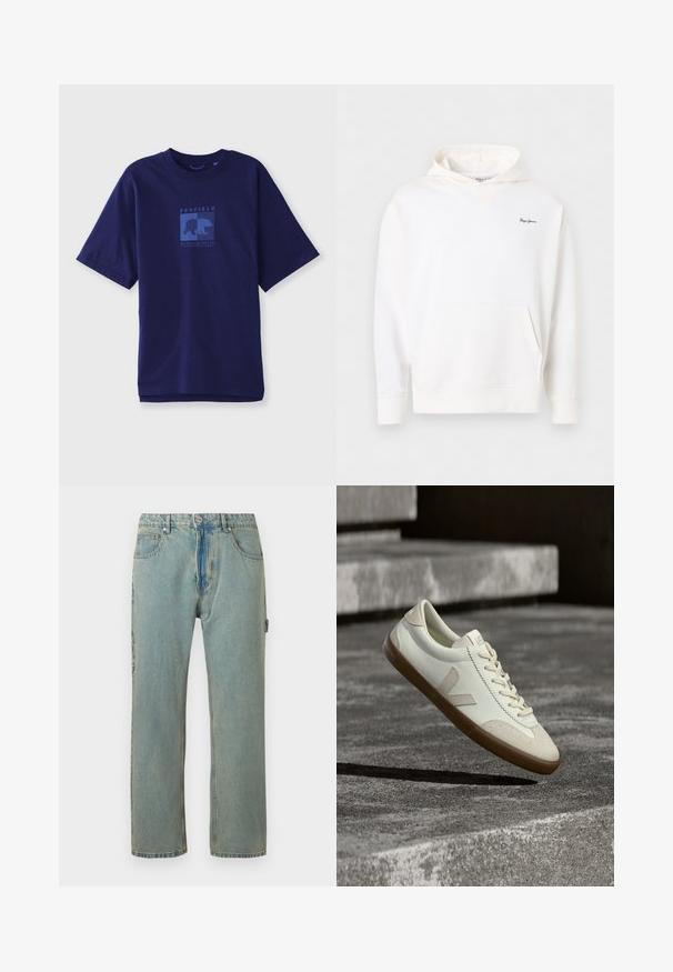 Biela mikina s kapucňou, s predným vreckom a malým tmavomodrým logom „Pepe Jeans“ na ľavej strane hrudníka, zobrazená na jednofarebnom pozadí.; Tmavomodré bavlnené tričko s krátkymi rukávmi, na prednej strane s modrou grafikou medveďa a textom "PENFIELD MASSACHUSETTS" v štvorcovom tvare.; Svetlomodré voľné džínsy s piatimi vreckami, zapínaním na gombík a viditeľným prešívaním. Tkanina má vybledlý, štruktúrovaný vzhľad.; Biele kožené tenisky s hnedou gumovou podrážkou, rovnými šnúrkami a V-tvarovaným prvkom na boku. Majú hladký povrch a minimalistické švíky.