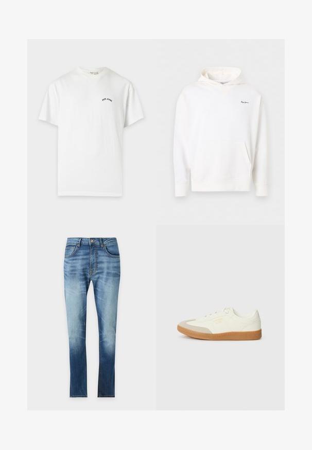 Sweat à capuche blanc avec poche avant et petit logo « Pepe Jeans » bleu foncé sur le côté gauche de la poitrine, présenté sur un fond uni.; T-shirt blanc à manches courtes col rond avec petit texte noir "Pepe Jeans" sur la poitrine gauche.; Jean denim slim bleu délavé avec bouton et fermeture éclair à l'avant, design cinq poches sur fond uni.; Baskets en cuir blanc avec une coque beige et une semelle en caoutchouc marron clair. Dotées de lacets blancs plats et d'un logo embossé sur le côté.