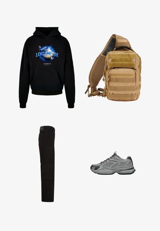 Schwarzer Kapuzenpullover mit einem grafischen Design der Erde, blauen Flammen und Schmetterlingen, auf dem der Text "VERLORENE JUGEND" deutlich zu sehen ist.; Schwarze Cargohose mit mehreren großen Überschlagtaschen, Gürtelschlaufen und geradem Beinanschnitt, seitlich dargestellt.; Grauer und schwarzer Sportschuh mit Mesh- und synthetischem Obermaterial, dicker strukturierter Sohle, Schnürsenkeln sowie Zuglasche an Ferse und Zunge, Seitenansicht.; Taktischer Rucksack in Tan mit mehreren Taschen, Gurtbändern, gepolstertem Mesh-Rücken, Reißverschlüssen und verstärkten Nähten für Langlebigkeit.