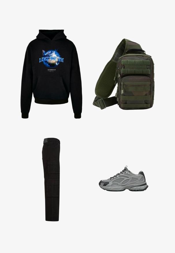 Zwarte hoodie met een grafisch ontwerp van de Aarde, blauwe vlammen en vlinders, met de tekst "LOST YOUTH" prominent weergegeven.; Zwarte cargobroek met meerdere grote klepzakken, riemlussen en een rechte pijpsnit, zijaanzicht.; Grijze en zwarte sportschoen met mesh en synthetische bovenkant, dikke structuurzool, veters en trekhaak aan hiel en tong, zijaanzicht.; Groene camouflage schoudertas met meerdere ritszakken, een verstelbare schouderband en een mesh achterpaneel voor ventilatie.