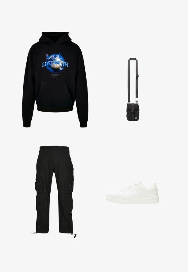 Schwarzer Kapuzenpullover mit einem grafischen Design der Erde, blauen Flammen und Schmetterlingen, auf dem der Text "VERLORENE JUGEND" deutlich zu sehen ist.; Schwarze Cargo-Hosen aus strapazierfähigem Material, mit mehreren Seitentaschen, lässiger Passform und verstellbaren Fußgelenkriemen.; Weiße Sneaker mit einem glatten Lederoberteil, flachen Schnürsenkeln und einer dicken Gummisohle. Das minimalistische Design verfügt über subtile Nähte und nahtlose Akzente.; Schwarze Stoff-Crossbody-Tasche mit verstellbarem Riemen, Klappe vorne und Reißverschlusstasche. Mit gebrandeten Beschlägen und kompaktem rechteckigem Design.
