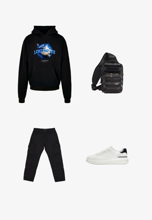 Sort hættetrøje med grafisk design af Jorden, blå flammer og sommerfugle, med teksten "LOST YOUTH" klart fremhævet.; Sorte cargo-bukser lavet af slidstærkt stof, med flere cargo-lommer, lynlåse ved anklerne og lige ben med diskrete stikninger.; Hvid lavtop sneaker med snørelukning foran og sort hældetalje på en tyk sål, vist fra siden på en hvid baggrund.; Kompakt sort og gråt kamouflagemønster taktisk skuldertaske med flere lynlåslommer og justerbar polstret skulderrem.