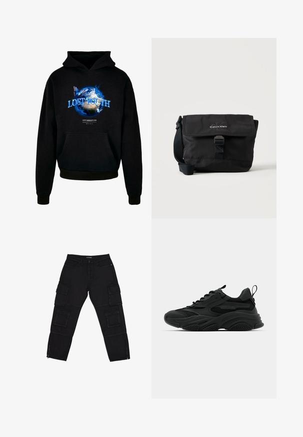 Schwarzer Kapuzenpullover mit einem grafischen Design der Erde, blauen Flammen und Schmetterlingen, auf dem der Text "VERLORENE JUGEND" deutlich zu sehen ist.; Schwarze Cargo-Hosen aus robustem Stoff, ausgestattet mit mehreren Cargotaschen, Reißverschluss-Ärmeln und geraden Beinen mit dezenten Nähdetails.; Schwarze Sportschuhe mit einer dicken Sohle, Mesh-Einsätzen und Gummidetails. Verfügen über eine Zuglasche an der Ferse und strukturierte Muster.; Schwarze Calvin Klein Schultertasche mit Frontklappe, Schnallenverschluss und verstellbarem Schultergurt auf weißem Hintergrund.