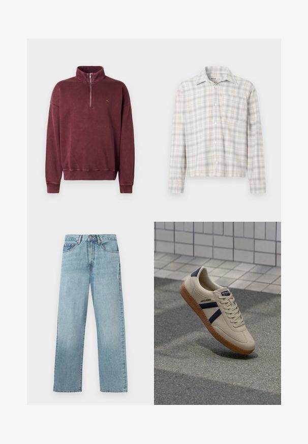 Bordeaux fleece pullover med halv-zip krave, ribbede manchetter og et lille broderet logo på brystet. Blød tekstur og afslappet design.; Langærmet ternet skjorte i lyse beige og blå nuancer. Har knaplukning foran, krave og en enkelt brystlomme. Blød tekstur.; Lyseblå denimjeans med lige ben, fem lomme-design og knaplukning i taljen.; Beige sneaker med struktureret overflade, marineblå striber og gummisål. Har en polstret tunge og traditionelt snørresystem for en sikker pasform.