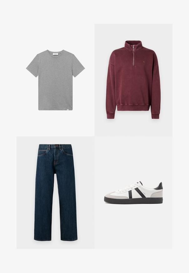 Burgundy fleece-pullari, jossa on puoli-vetoketju kaulus, ribbed hihansuut ja pieni brodeerattu logo rinnassa. Pehmeä rakenne ja rento muotoilu.; Harmaa lyhythihainen t-paita, joka on valmistettu puuvillasekoitteesta. Paita on varustettu pyöreällä kaula-aukolla ja pienellä logotunnuksella vasemmalla puolella etumusta.; Tummansininen farkkuhousut suoran leikkauksen ansiosta, joissa on viisi taskua ja kontrastiväriset oranssit tikkauset saumoissa.; Valkoiset lenkkarit mustilla ja harmailla yksityiskohdilla, joissa on teksturoitu harmaa kärki, musta kumipohja ja litteät valkoiset nauhat. Siisti muotoilu, minimalistinen tyyli.