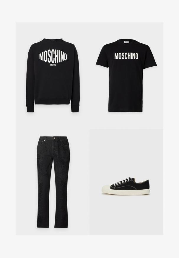 Μαύρο φούτερ με λευκό λογότυπο «MOSCHINO» και την επιγραφή «SINCE 1983» από κάτω. Κλασικός στρογγυλός γιακάς και ριμπ μανσέτες. Μαλακή υφή υφάσματος.; Μαύρο κοντομάνικο μπλουζάκι με λευκό λογότυπο MOSCHINO στο κέντρο του στήθους και στρογγυλή λαιμόκοψη.; Μαύρα τζιν ευθείας γραμμής με διακριτικό φλοράλ ζακάρ σχέδιο, εμπρόσθιο κουμπί, θηλιές για ζώνη και σχεδιασμό με πέντε τσέπες.; Μαύρα καμβά sneakers με λευκές ραφές, στρογγυλή προστασία από καουτσούκ στην μύτη και λευκές κορδόνες. Περιέχει υφασμάτινο επάνω μέρος με υφή και μπεζ σόλα.