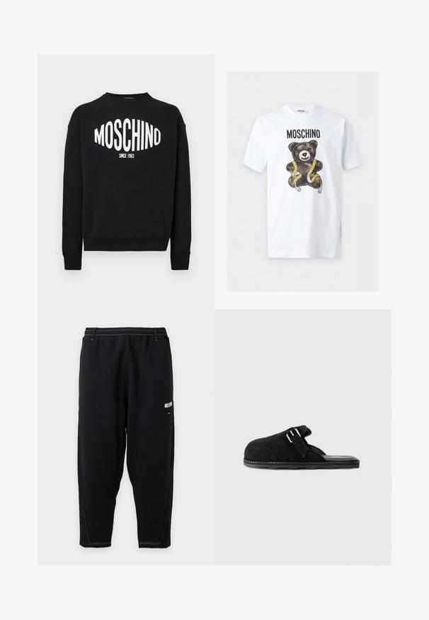 Sort sweatshirt med hvidt "MOSCHINO" logo og "SINCE 1983" under. Klassisk rund hals og ribkant ved ærmerne. Blød stoftekstur.; Hvid kortærmet T-shirt med teksten "MOSCHINO" over en brun bamse viklet ind i et gult målebånd.; Sorte tilspidsede sweatpants med elastisk talje, hvid kontrastsyning og lille hvid "Moschino"-logo på øvre lår.; Sort quilted slidesandal med et let design, justerbar strop med spænde og tekstureret sål for forbedret greb.