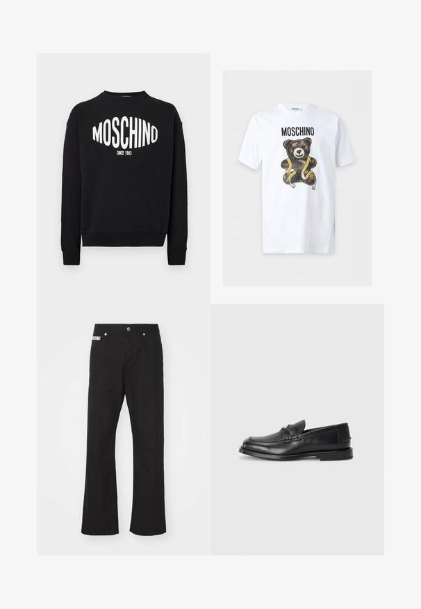 Sort sweatshirt med hvidt "MOSCHINO" logo og "SINCE 1983" under. Klassisk rund hals og ribkant ved ærmerne. Blød stoftekstur.; Hvid kortærmet T-shirt med teksten "MOSCHINO" over en brun bamse viklet ind i et gult målebånd.; Svarte bomuldsbukser med lige ben-design, der har en frontknaplukning, to sidelommer og et lille mærke på linningen.; Sorte læder loafers har en afrundet tå, syede detaljer og en lille gylden accent foran. Sålen er flad og diskret.