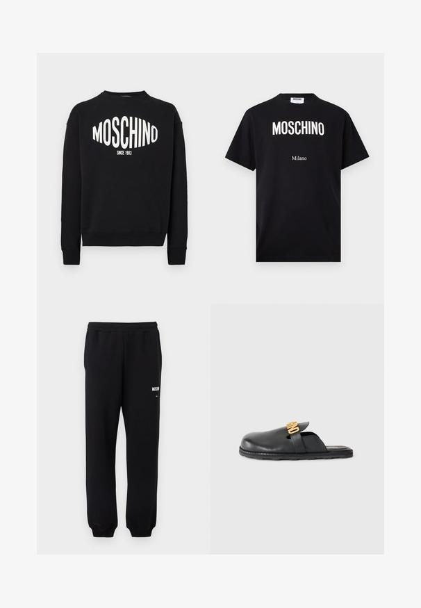 Sudadera negra con el logo blanco "MOSCHINO" y "SINCE 1983" debajo. Cuello redondo clásico y puños acanalados. Textura de tela suave.; Camiseta de algodón negra con el logo "MOSCHINO" en blanco y texto "Milano", de manga corta, cuello redondo y dobladillo recto. Diseño sencillo.; Pantalones deportivos negros con cinturilla y puños elásticos, con un pequeño logo blanco de "Moschino" en la parte superior del muslo izquierdo.; Mule de cuero negro sin tacón con un detalle decorativo de cinta dorada y una suela de goma texturizada y baja sobre un fondo liso.
