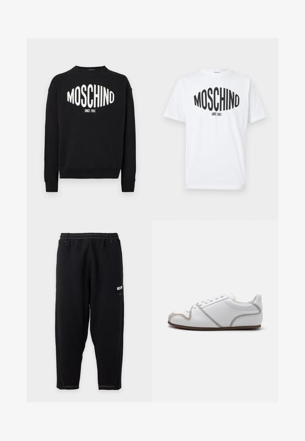 Schwarzer Pullover mit weißem "MOSCHINO"-Logo und dem Schriftzug "SINCE 1983" darunter. Klassischer Rundhalsausschnitt und gerippte Bündchen. Weiche Stoffstruktur.; Weißes Baumwoll-T-Shirt mit einem schwarzen Aufdruck, auf dem "MOSCHINO" in fetten Buchstaben steht, darunter "SINCE 1983", Rundhalsausschnitt.; Schwarze, schmal zulaufende Jogginghose mit elastischem Bund, weißer Kontrastnaht und kleinem weißen "Moschino"-Logo am oberen Oberschenkel.; Weiße Sneaker mit einem Obermaterial aus glattem Leder, grauen Suede-Akzenten und einem schlichten Schnürdesign. Rutschfeste braune Gummisohle; minimalistische Gestaltung.