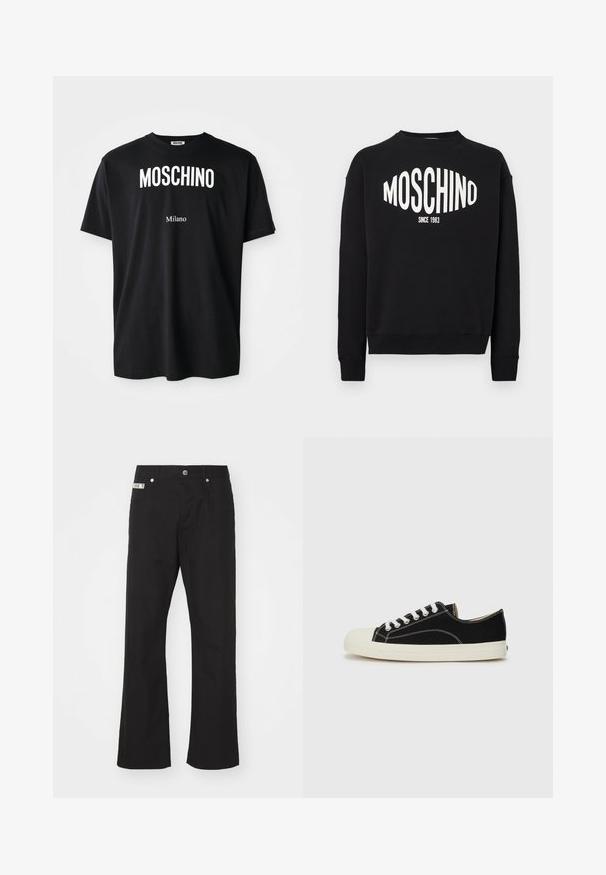 Sort sweatshirt med hvidt "MOSCHINO" logo og "SINCE 1983" under. Klassisk rund hals og ribkant ved ærmerne. Blød stoftekstur.; Sort bomulds t-shirt med rund hals. Har fed hvid tekst: "MOSCHINO" ovenfor og "Milano" nedenfor. Enkel, klassisk design.; Svarte bomuldsbukser med lige ben-design, der har en frontknaplukning, to sidelommer og et lille mærke på linningen.; Sorte lærredssneakers med hvid syning, en rund gummitå, og hvide snørebånd. Har en tekstureret stofoverdel og en beige sål.