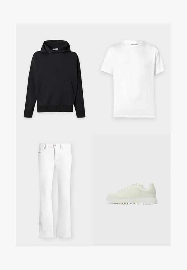 Sweat à capuche noir à manches longues avec poche kangourou devant et logo subtil J.LINDEBERG sur la poitrine, présenté sur un fond uni gris clair.; T-shirt en coton blanc avec un col rond classique, des manches courtes et un ourlet droit. Texture lisse, sans motifs ni accents.; Jean bootcut blanc avec fermeture avant par bouton et zip, passants de ceinture et poches, présenté sur un fond uni.; Baskets blanches en cuir avec un dessus texturé, bout rond, semelle plate blanche et lacets ton sur ton. Marque discrète sur la languette.