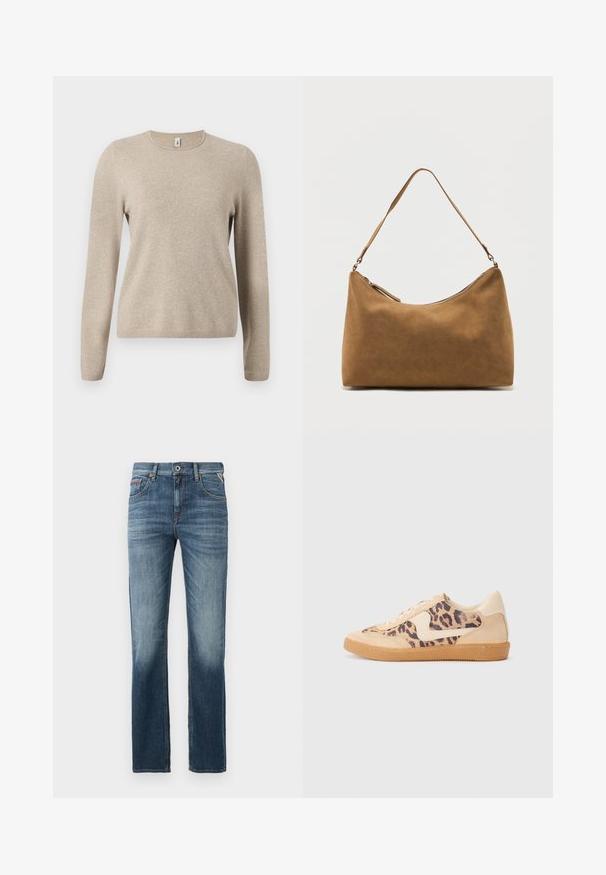 Beige strikket sweater med lange ærmer, rund halsudskæring og ribbede manchetter. Blød tekstur med et subtilt meleret mønster.; Mørkeblå denimjeans med lige ben, diskret lysning ved lårene og kontrastsyning. Klassisk fem-lomme design med lynlås.; Leopardprint sneakers med beige ruskindsoverdel, tan gummisål og hvide detaljer. Rund pegefinger og snørebåndsdesign med en tekstureret finish.; Brun skuldertaske i ruskind med enkelt rem og lynlås øverst, vist mod en ensfarvet hvid baggrund.