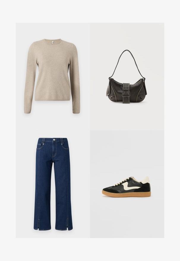 Beige gebreide trui met lange mouwen, ronde hals en geribbelde manchetten. Zachte textuur met een subtiel gemêleerd patroon.; Donkerblauwe denim wijde broek met een hoge taille, voorzien van zijzakken, een frontale knoopsluiting en gespleten zoom voor extra detail.; Zwarte suède en leren sneaker met een crèmekleurige zij-swoosh en lichte crèmekleurige hiel. Voorzien van beige veters en een gumrubberen zool.; Zwarte leren schoudertas met gespsluiting aan de riem, afgeronde hoeken en contrasterende witte stiksels op een effen achtergrond.