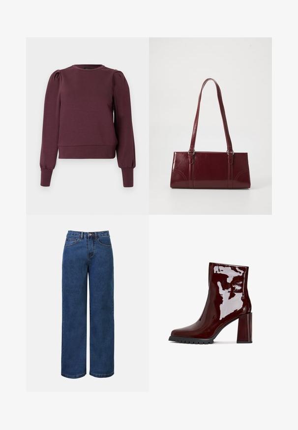 Bordeauxrode trui met lange, pofmouwen en geribbelde manchetten. Zacht materiaal, ronde hals en een aansluitende zoom. Soepele textuur.; Donkerblauwe denim wijde jeans met hoge taille, voorzien van een knoopsluiting, riemlussen en voor- en achterzakken. Glad textuur.; Glanzende bordeaux enkelboot met een vierkante neus, chunky doorzichtige hak en gestructureerde zwarte zool. Vloeiend oppervlak met een hoge glansafwerking.; Bourgondische handtas van glanzend materiaal, rechthoekige vorm, met twee schouderbanden en subtiele gebogen accenten aan de voorkant.