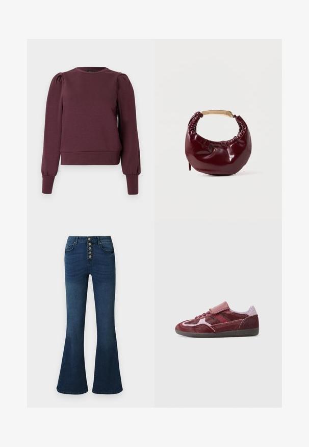 Vinrød sweatshirt med lange, puffede ærmer og ribbede manchetter. Blødt materiale, rund halsudskæring og en tætsiddende kant. Glat tekstur.; Mørkeblå denim jeans med vidde forneden, høj talje og lukning med fem knapper foran. Glat tekstur med diskret falming og syningsdetaljer.; Røde ruskinds sneakers med en glat tå, teksturerede sider, tonede snørebånd og en velcro-rem. Har en holdbar sort gummisål.; Bordeaux farvet faux læder handbag med en afrundet form, samling detaljer og et guldtonet metalhåndtag. Glat tekstur og blank finish.
