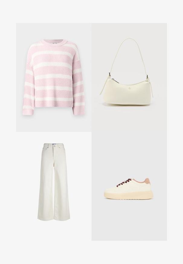 Pull en tricot épais avec de larges rayures horizontales en rose pastel et blanc, dotée d'un col rond et de manches longues.; Jean en denim blanc taille haute à jambes larges, fermeture à boutons et zip devant, passants pour ceinture et détails de poches.; Baskets basses beiges avec semelle épaisse, bout perforé, col de talon rose et lacets brun foncé sur un fond gris clair uni.; Petit sac à main en cuir blanc texturé avec une fermeture éclair incurvée sur le dessus, une bandoulière unique, et un logo métallique minimaliste au centre avant.