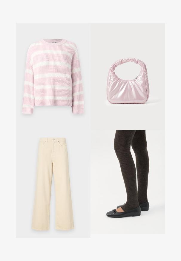 Pull en tricot épais avec de larges rayures horizontales en rose pastel et blanc, dotée d'un col rond et de manches longues.; Jean large beige en coton. Doté d'une fermeture à bouton, de passants de ceinture et de poches avant avec une texture douce et lisse.; Jambes portant des leggings côtelés foncés associés à des ballerines noires avec de petits détails en nœud sur fond blanc.; Sac à main rose rembourré avec un design arrondi, fabriqué à partir d'un matériau brillant. Dispose d'une poignée froncée et d'une fermeture éclair pour un accès sécurisé.