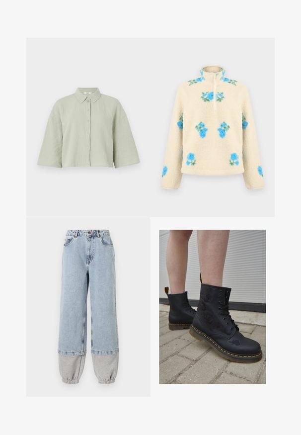 Cremefarbener Fleece-Pullover mit blauen Blumenmustern, hohem Kragen und einem Frontreißverschluss, der bis zur Brustmitte reicht.; Hellgrünes, kurzärmliges Hemd mit Knöpfen aus strukturiertem Stoff, das einen spitzen Kragen und einen lockeren Schnitt mit geradem Saum aufweist.; Hellblaue Denim-Hosen mit lockerer Passform, ausgestattet mit grauen Baumwollbündchen am Saum und klassischen Taschen. Klassisches Five-Pocket-Design.; Schwarze Lederstiefel mit floralen Stickereien, Schnürdesign, orangefarbenen Nähten und einer dicken, transparenten Sohle auf einer strukturierten Oberfläche.