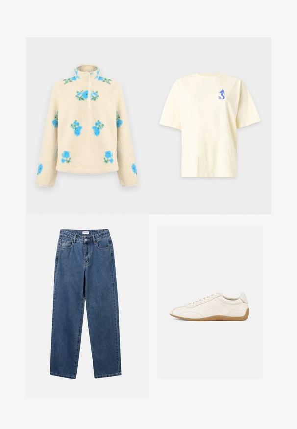 Cremefarbener Fleece-Pullover mit blauen Blumenmustern, hohem Kragen und einem Frontreißverschluss, der bis zur Brustmitte reicht.; Cremefarbenes T-Shirt mit kurzen Ärmeln und kleinem blauen Meerjungfrauen-Design auf der linken Brust, präsentiert vor einem einfarbigen hellgrauen Hintergrund.; Klassische blaue Denim-Jeans mit geradem Bein, fünf Taschen und Knopfverschluss. Sie verfügen über eine mittelblau gewaschene Optik und sind aus robuster Textur.; Weißer Ledersneaker mit glatter Textur, abgerundetem Zehenbereich und tonalen Nähten. Verfügt über eine braune Gummisohle und eine Schnürverschluss.