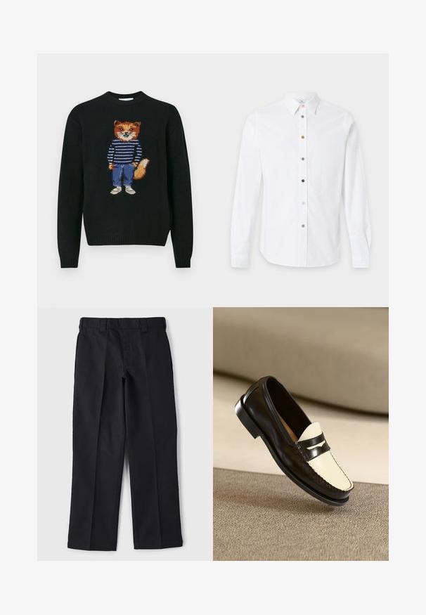 Sort strikket sweater med design af en ræv med et orange ansigt, blå stribet skjorte og blå jeans, afsluttet med detaljer i hvide sneakers.; Hvid skjorte med lange ærmer med klassisk krave og flerfarvede knapper ned foran i midten.; Sorte bukser lavet af slidstærkt stof, med en lige pasform, taljebånd med bæltesløjfer og uden synlige lommer eller dekorationer.; Sort læderloafer med en cremefarvet vamp og sorte accentstriber, som har en lav hæl og detaljeret syning langs kanterne.