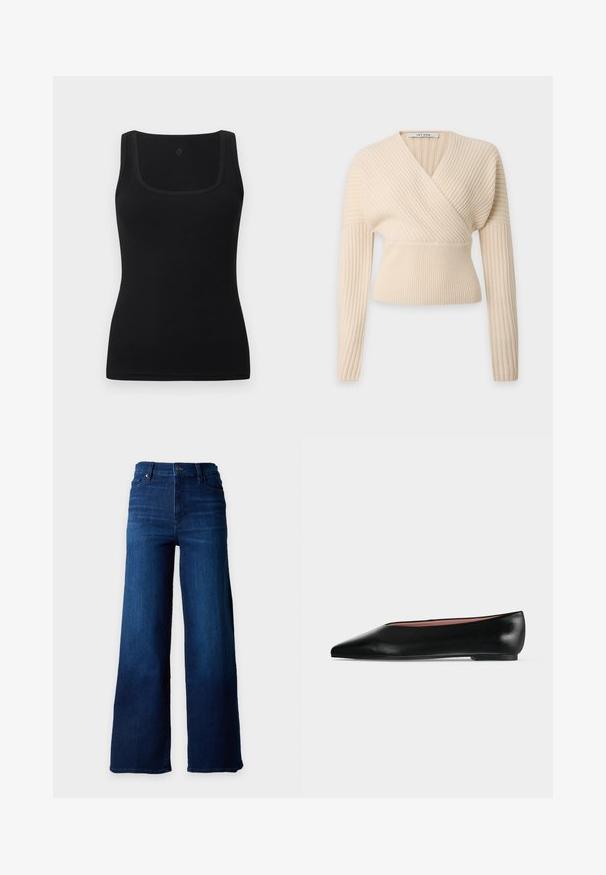 Pull en maille côtelée de couleur crème avec col en V style cache-cœur, manches longues et taille cintrée sur fond clair.; Débardeur noir moulant en tissu lisse, doté d'un décolleté carré et de larges bretelles ; sans motifs ni accents visibles.; Jean bleu foncé taille haute, coupe large aux jambes, avec bouton sur le devant et poches, présenté sur un fond blanc uni.; Chaussure plate en cuir noir pour femme, avec bout pointu et petit talon, vue de côté sur un fond gris clair uni.