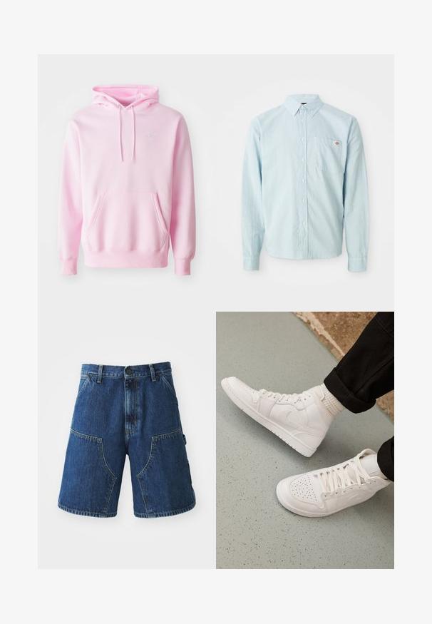 Rosa Kapuzenpullover aus Baumwollmischung, mit Kängurutasche, Zugbändern und einem kleinen weißen Nike-Logo auf der Brust.; Helles blaues Langarm-Hemd mit Knopfleiste, Knopfkragen und Brusttasche, die mit einem kleinen roten und weißen Logopatch versehen ist.; Denim-Shorts mit einer dunkelblauen Waschung, großen Fronttaschen, Knopfverschluss und sichtbaren Nähten entlang der Säume.; Weisse High-Top-Sneaker aus glattem Leder mit perforierter Zehenpartie, Schnürverschluß und dezentem Logodetail an der Seite. Strukturierte Gummisohle.