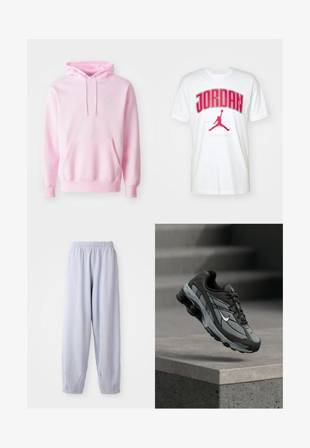 Pink hoodie lavet af en bomuldsblanding, med en kængurulomme, snoretræk og et lille hvidt Nike-logo på brystet.; Hvid bomulds-T-shirt med fed rød "JORDAN" tekst og et rødt Jumpman-logo. Korte ærmer og klassisk crew neck design.; Lyse lavendel joggers lavet af blød stof med elastisk talje og samlede ankler. Har subtil branding på siden.; Grå og sort atletiksko med meshpaneler og tyk sål, placeret i luften over en betonliste med trapper i baggrunden.