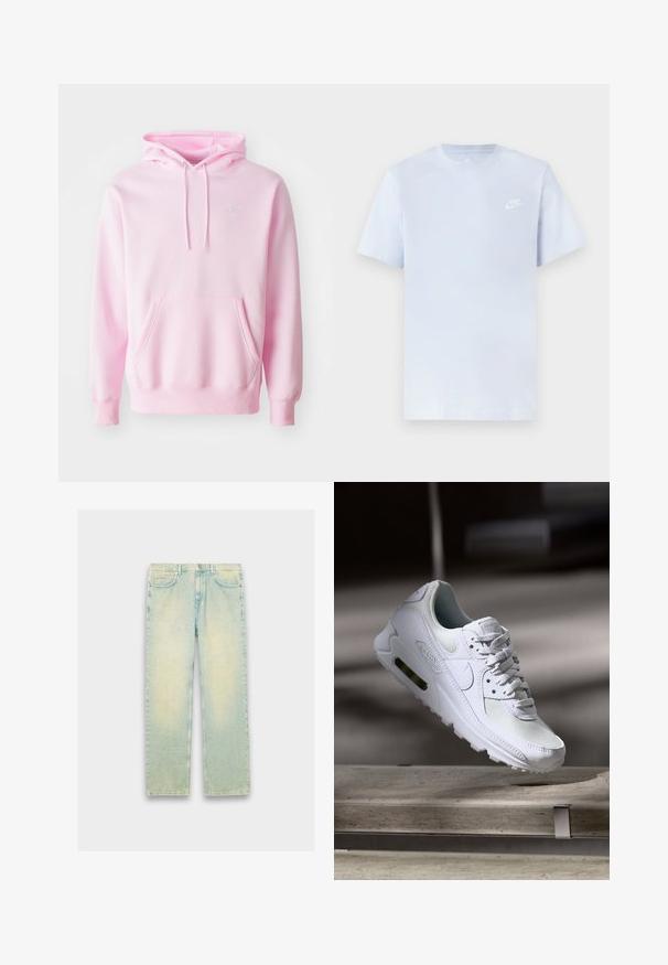 Ružová mikina z bavlnenej zmesi, s klokanním vreckom, šnúrkami a malým bielym logom Nike na hrudi.; Svetlomodré bavlnené tričko s krátkymi rukávmi, okrúhlym výstrihom a bielym logom Nike potlačeným na ľavej hrudi. Hladká textúra, jednoduchý dizajn.; Svetlomodré džínsy s voľným strihom, ktoré majú päť vreciek, zips na prednej strane a vybledlý vzhľad na stehnách a kolenách.; Biele tenisky Nike Air Max 90 s vrchnou časťou z kože a sieťoviny, perforovanou špičkou a viditeľnou vzduchovou jednotkou v päte.