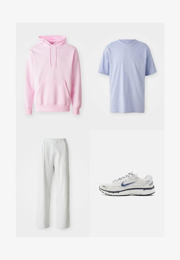 Hoodie rose en mélange de coton, doté d'une poche kangourou, de cordons de serrage et d'un petit logo Nike blanc sur la poitrine.; T-shirt en coton bleu clair avec un col rond et des manches courtes. Présente un logo "nike" en relief au centre devant. Texture douce.; Pantalons blancs décontractés avec une taille élastique et de grandes poches avant, présentés sur un fond clair et uni.; Nike Sportswear P 6000 - Baskets basses - phantom/obsidian/summit white/white/black/metallic silver