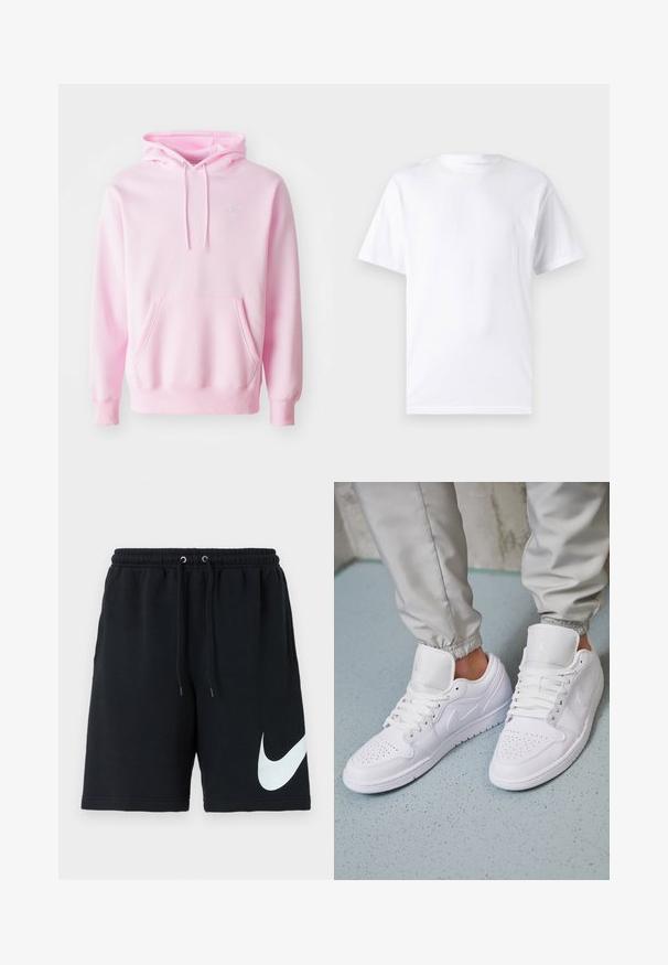 Rozā kapuce, izgatavota no kokvilnas maisījuma, ar kangarū kabatu, stiprinājumiem un mazu baltu Nike logotipu uz krūtīm.; Balts īsajiem piedurknēm T-krekls no kokvilnas ar apaļu dekoltē, ar gludu tekstūru un vienkāršu dizainu, bez rakstiem vai akcentiem.; Melni kokvilnas šorti ar elastīgu jostasvietu, auklu, sānu kabatām un lielu balto Nike logo, kas izdrukāts kreisajā pusē.; Baltas ādas sporta apavi ar perforētu purngalu, plakaniem auklām, mīkstinātu apkakli un Jordana logotipu uz mēles. Nēsā ar pelēkiem treniņbiksēm.