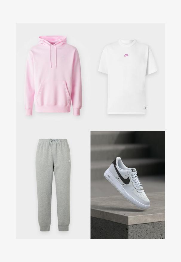 Pink hoodie lavet af en bomuldsblanding, med en kængurulomme, snoretræk og et lille hvidt Nike-logo på brystet.; Hvid Nike t-shirt med korte ærmer, lille pink logo centreret på brystet og rund hals.; Grå joggingbukser lavet af blødt stof, med elastisk talje med snøre, tilspidsede ben og en lille hvid logo på siden.; Hvid Nike Air Force 1 sneaker med sort swoosh-logo, svævende over en betonforkant med slørede trapper i baggrunden.
