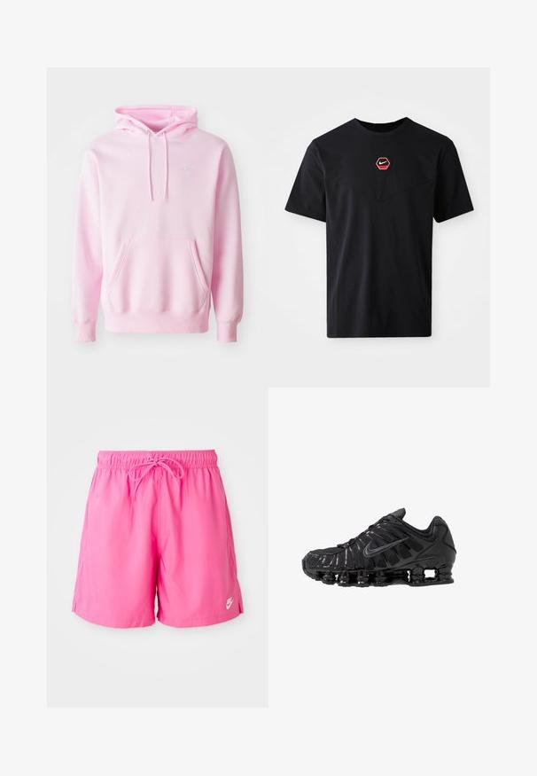 Roosa kapuutsipeakott, mis on valmistatud puuvilla segust, millel on ees kangaroo tasku, nöörid ja rinnal väike valge Nike logo.; Must puuvillane lühikeste varrukatega T-särk, millel on rinnal kuusnurkne punase ja valge Nike logo ning ümar kaelus.; Roosa sportlikud lühikesed püksid elastse vöökoht ja paelaga. Valmistatud kergest materjalist, külgedel lõhikud ja väike logo üksikasjaga.; Mustad võrgu- ja sünteetilisest materjalist sportlikud jalanõud, millel on eriline laineline disain, must kummist talla ja peegeldavad lisandid.