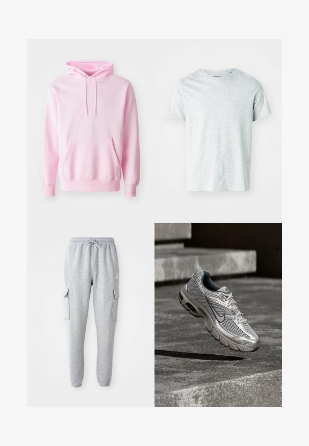 Ružová mikina z bavlnenej zmesi, s klokanním vreckom, šnúrkami a malým bielym logom Nike na hrudi.; Svetlo šedé tričko s krátkym rukávom vyrobené z mäkkej tkaniny, s okrúhlym výstrihom a mierne voľným strihom. Žiadne viditeľné vzory ani grafika.; Sivé tepláky vyrobené z jemného materiálu, s elastickým pásom so šnúrkou, dvomi bočnými cargo vreckami a zúženými manžetami.; Strieborná a sivá bežecká obuv Nike zavalená vo vzduchu nad betónovými schodmi, zobrazujúca sieťovaný zvršok a detaily odpruženej podrážky.