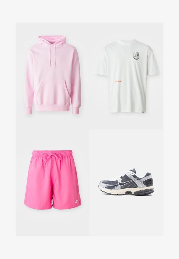 Ružová mikina z bavlnenej zmesi, s klokanním vreckom, šnúrkami a malým bielym logom Nike na hrudi.; Biela tričko s krátkym rukávom s čiernobielym abstraktným dizajnom fosílie na ľavej hrudi a oranžovým textom "Texas Fossils" na prednej strane.; Ružové športové šortky s elastickým pásom a šnúrkou. Vyrobené z ľahkého materiálu, majú bočné rozparky a malý logotyp.; Pánska atletická teniska v sivej a bielej farbe s panelmi zo sieťoviny, reflexnými striebornými prekrytiami, bielymi šnúrkami a čiernou texturovanou podrážkou, pohľad zboku.