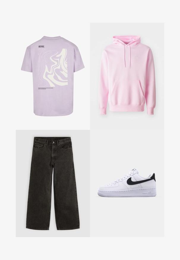 Rosa Kapuzenpullover aus Baumwollmischung, mit Kängurutasche, Zugbändern und einem kleinen weißen Nike-Logo auf der Brust.; Lila Baumwoll-T-Shirt mit kurzen Ärmeln. Auf der Rückseite befindet sich ein großes weißes abstraktes Design, und in der Nähe des Halsausschnitts steht "LOST YOUTH".; Schwarze Jeans mit weitem Bein, Vorderknopf und Reißverschluss, Gürtelschlaufen und fünf Taschen, flach auf weißem Hintergrund ausgelegt.; Weißes Leder-Sneaker mit einem strukturierten schwarzen Swoosh, flachen Schnürsenkeln und einer Gummisohle mit genoppetem Muster. "AIR" ist auf der Ferse eingeprägt.